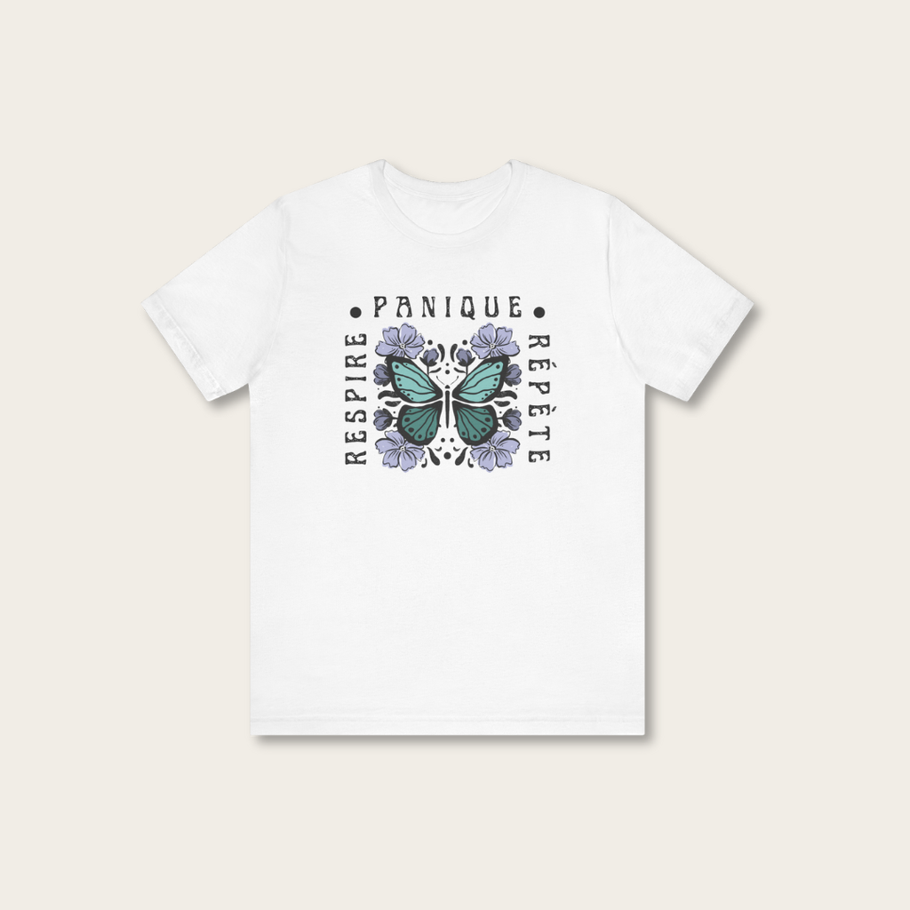 T-shirt blanc unisexe - Respire, Panique, Répète