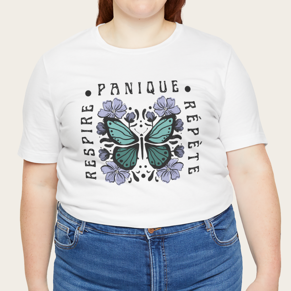 T-shirt blanc unisexe - Respire, Panique, Répète